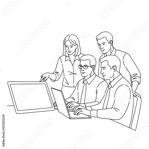 Group of four professionals discussing data on devices on a transparent background, copy space
