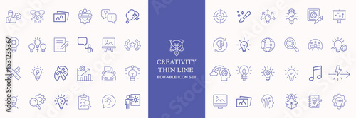 Creativity thin line icons set. Idea, creative solution and thinking, innovation icon. Editable stroke. Vector illustration