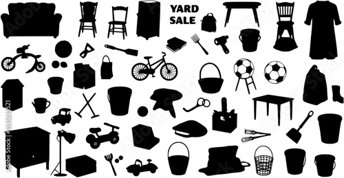 Yard sale vector silhouette banner with assorted household and sport items. vector set
