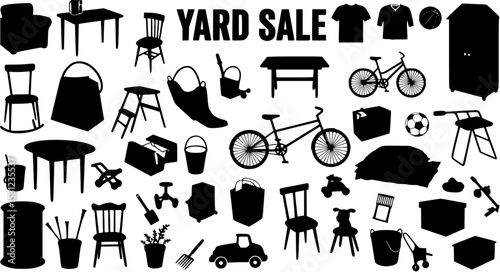 Yard sale vector silhouette banner with assorted household and sport items. vector set
