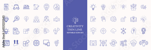 Creativity thin line icons set. Idea, creative solution and thinking, innovation icon. Editable stroke. Vector illustration