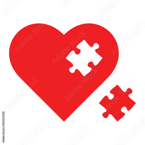 Heart with missing puzzle piece vector icon. Love, relationship, connection, autism awareness, romantic or wedding symbol. Red heart illustration isolated on white background.
