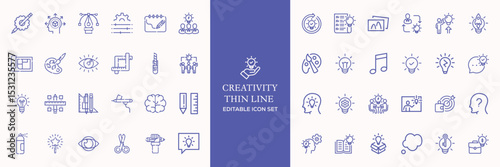 Creativity thin line icons set. Idea, creative solution and thinking, innovation icon. Editable stroke. Vector illustration