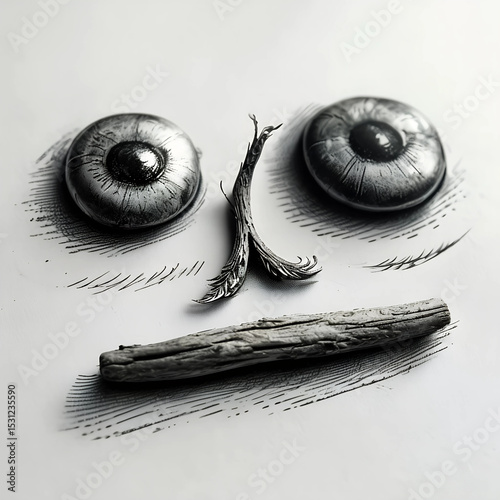 semi e bastoncini che insieme creano un volto sorridente stilizzato, seeds and sticks that together create a stylized smiling face photo
