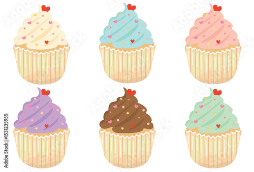 A set of cupcakes with hearts and sprinkles. 
