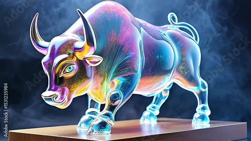 Iridescent glass bull paws its forefeet against the wooden platform, representing AI industry bull market business growth, rise in stock market prices, investment, returns, and economic expansion