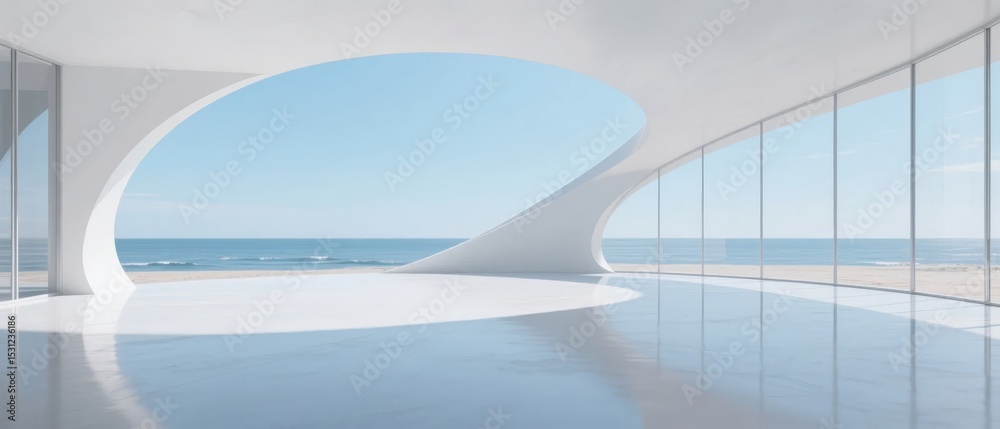 Fototapeta premium Modern Architectural Interior with Curved Window Overlooking the Sea