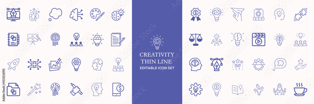Creativity thin line icons set. Idea, creative solution and thinking, innovation icon. Editable stroke. Vector illustration Creativity thin line icons set. Idea, creative solution and thinking, innovation icon. Editable stroke. Vector illustration