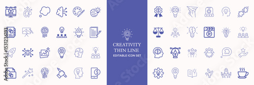 Creativity thin line icons set. Idea, creative solution and thinking, innovation icon. Editable stroke. Vector illustration