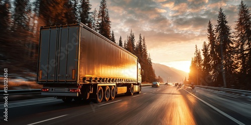 Truck on highway at sunset. Semi-trailer truck transports cargo, with mountains and forest background. Scenic, travel, transport and road freight concept.
