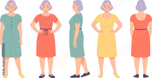 Illustrated mature woman in dresses for clothing brand and fashion design showcase different angles views editable stock vector illustration