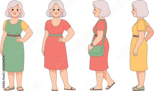 Illustration of older woman in different poses wearing dresses and sandals fashion style guide design editable stock vector illustration