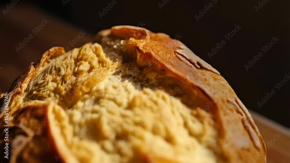  Freshly Baked Bread Loaf. A round loaf of freshly baked bread is sitting on a wooden cutting board. The bread has a golden-brown crust with variations in color, and some steam is rising from the top