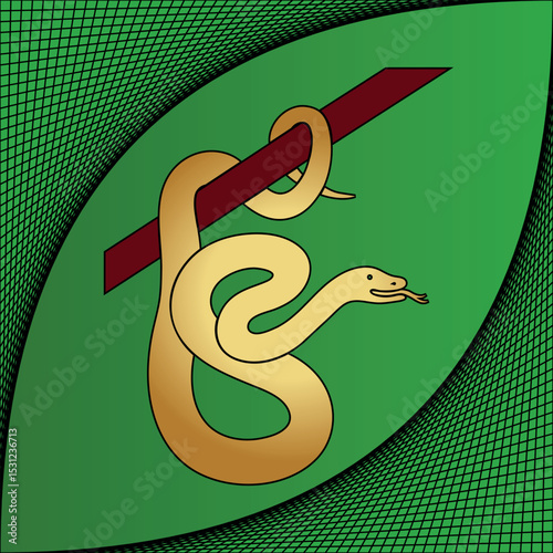Illustration graphique pour le nouvel an chinois, avec une silhouette or sur un fond vert, d’un serpent suspendu à une branche d’arbre.