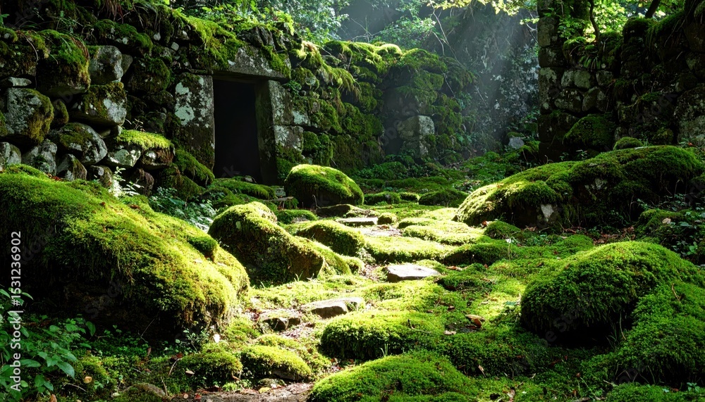 Crumbling Pathway Through Ancient Ruins Covered in Moss and Shadows Crumbling Pathway Through Ancient Ruins Covered in Moss and Shadows