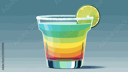 Vibrant layered cocktail with a lime garnish on a minimalistic background