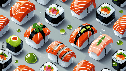 Delicious sushi assortment featuring vibrant colors and various ingredients on gray background