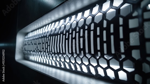 Abstract futuristic brushed steel hexagon grid is backlit, creating strong contrast and depth.