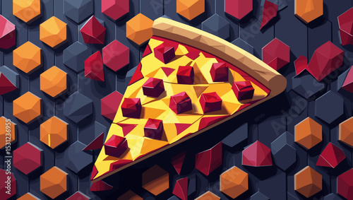 Creative pizza slice illustration on a geometric background with vibrant colors