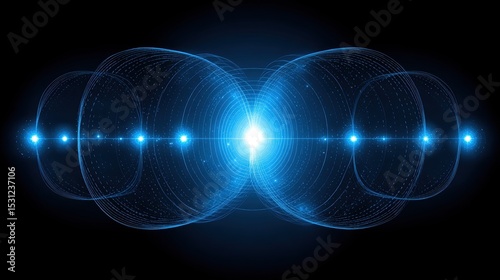 Abstract symmetrical composition shows glowing blue circles emanating from a central bright point.