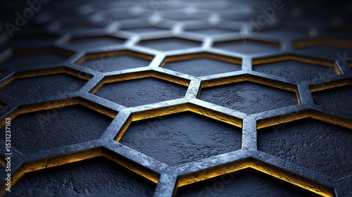 An abstract textured surface displaying a metallic hexagon grid pattern with golden light accents.