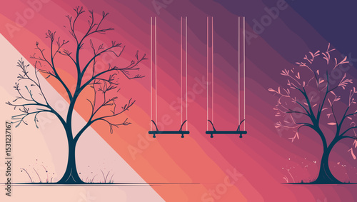 Minimalist illustration of trees and swings with a serene mood against a gradient background
