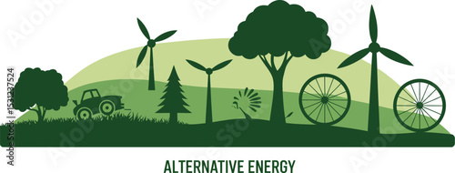 Alternative energy sources illustration showing wind turbines trees and sustainable technology vector art editable stock vector illustration