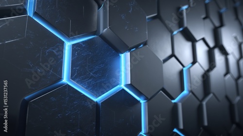 High detail abstract hexagonal metal panel with cool blue light accents creates a futuristic mood.
