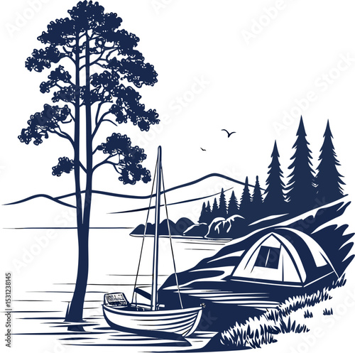 Night Camp Illustration: A serene scene under the moonlight with a tent set up near a large tree in a silhouetted illustration, evoking a sense of adventure and peaceful camping experience.	