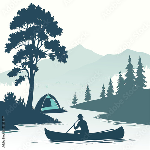Night Camp Illustration: A serene scene under the moonlight with a tent set up near a large tree in a silhouetted illustration, evoking a sense of adventure and peaceful camping experience.	