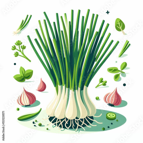 Bunch of scallions with garlic basil spinach parsley and cucumber slices