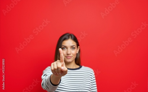 Close up photo of attractive pretty beautiful she her lady finger up to empty space wondered if to buy buyer shirt ask advise wearing white striped pullover isolated on red vivid background