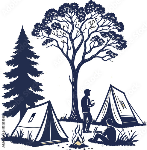 Night Camp Illustration: A serene scene under the moonlight with a tent set up near a large tree in a silhouetted illustration, evoking a sense of adventure and peaceful camping experience.	