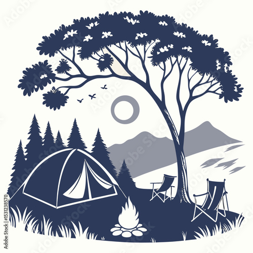 Night Camp Illustration: A serene scene under the moonlight with a tent set up near a large tree in a silhouetted illustration, evoking a sense of adventure and peaceful camping experience.	