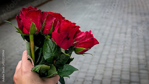 horizontal image of a hand holding a bouquet of red roses