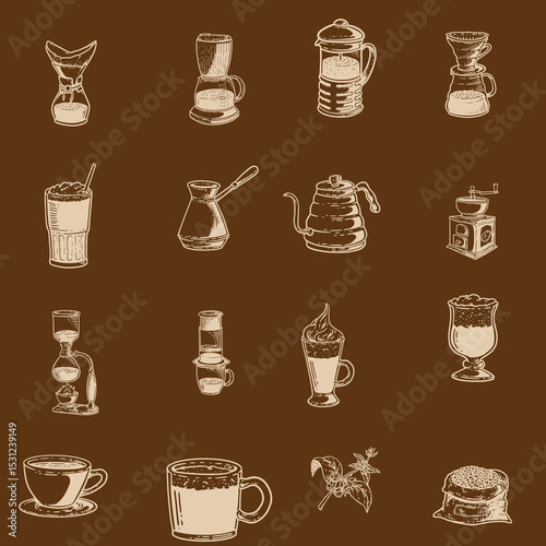 Hand drawn vintage coffee label illustration in retro style, perfect for cafe branding, packaging, or posters