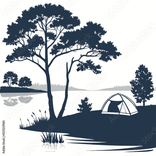 Night Camp Illustration: A serene scene under the moonlight with a tent set up near a large tree in a silhouetted illustration, evoking a sense of adventure and peaceful camping experience.	