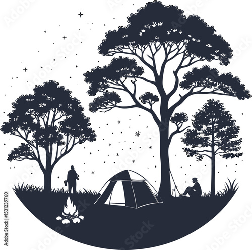 Night Camp Illustration: A serene scene under the moonlight with a tent set up near a large tree in a silhouetted illustration, evoking a sense of adventure and peaceful camping experience.	