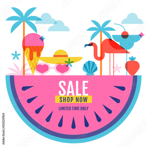 Summer sale banner, discount coupon, poster, voucher design. Vector illustration of tropical landscape on watermelon
