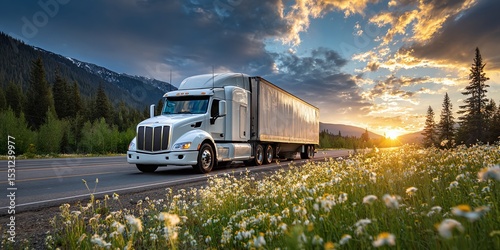 Truck on highway at sunset, driving through countryside with mountains in the background and sun rays shining through the clouds. White flowers are abundant.