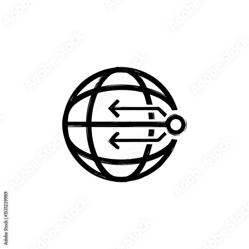 Globe icon with two arrows pointing left connected to a ring on the right side