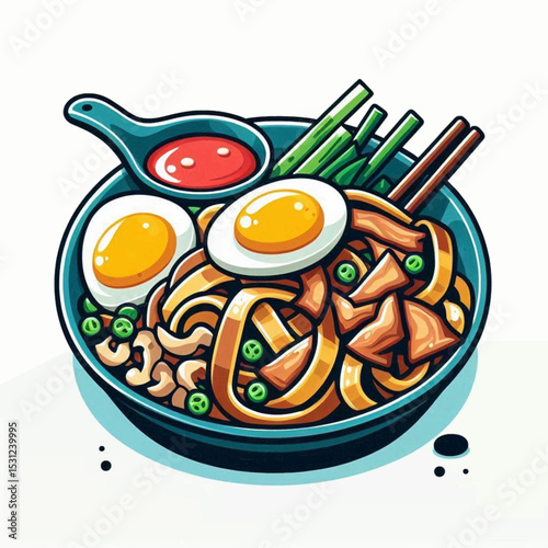Cartoon noodle bowl with eggs sauce scallions and chopsticks