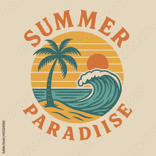 Vintage “Summer Paradise” Palm & Wave Vector Tee Design
