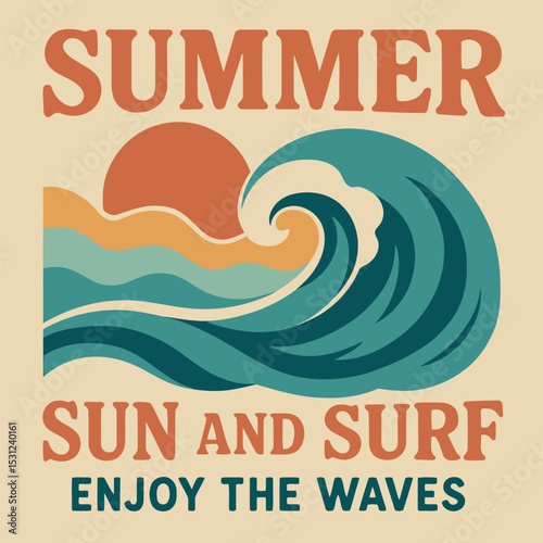 Vintage Abstract Summer Ocean Waves Surf Beach Vector Tee Illustration