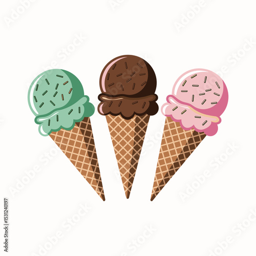 three Ice cream cone with different flavor vector illustration isolated on white background