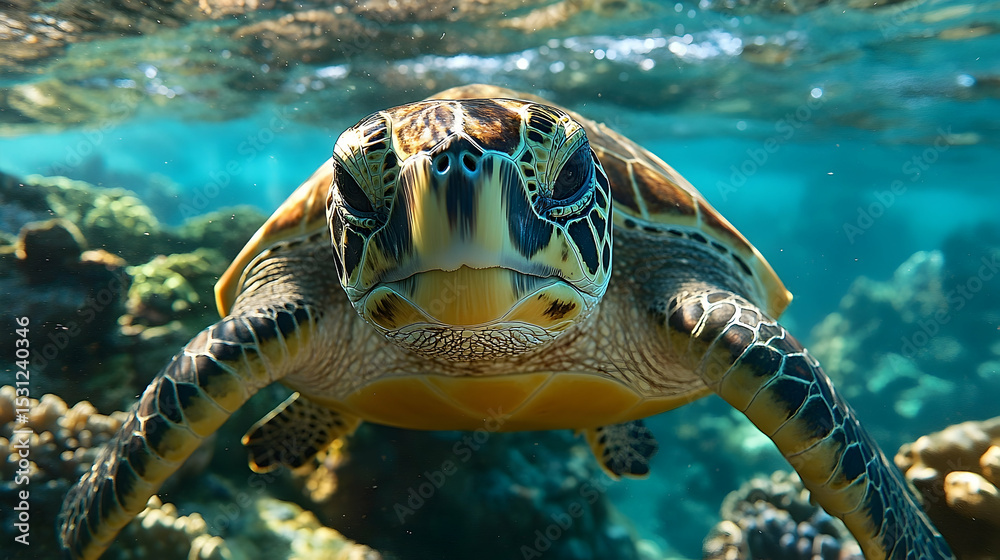Obraz premium Close-up view of a sea turtle swimming in clear water over a coral reef.