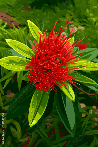 This image features the vivid red bloom of Xanthostemon chrysanthus, a tropical ornamental plant widely known in Thailand as "Rak Raek Phop" or "First Love Flower." Unlike its more common yellow