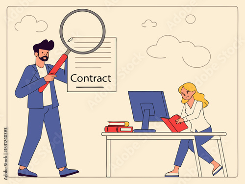 Corporate professionals analyzing contract terms in office setting with document and magnifier