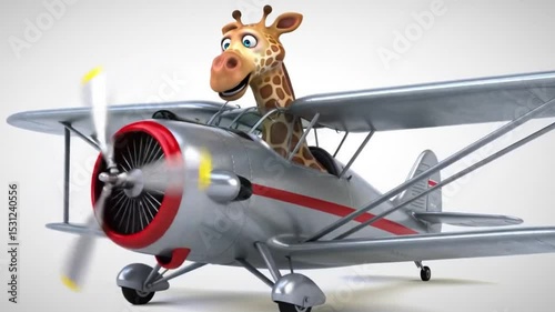 Giraffe piloting a tiny silver plane in whimsical illustration. Perfect for childrens books, travel blogs, and aviationrelated designs.