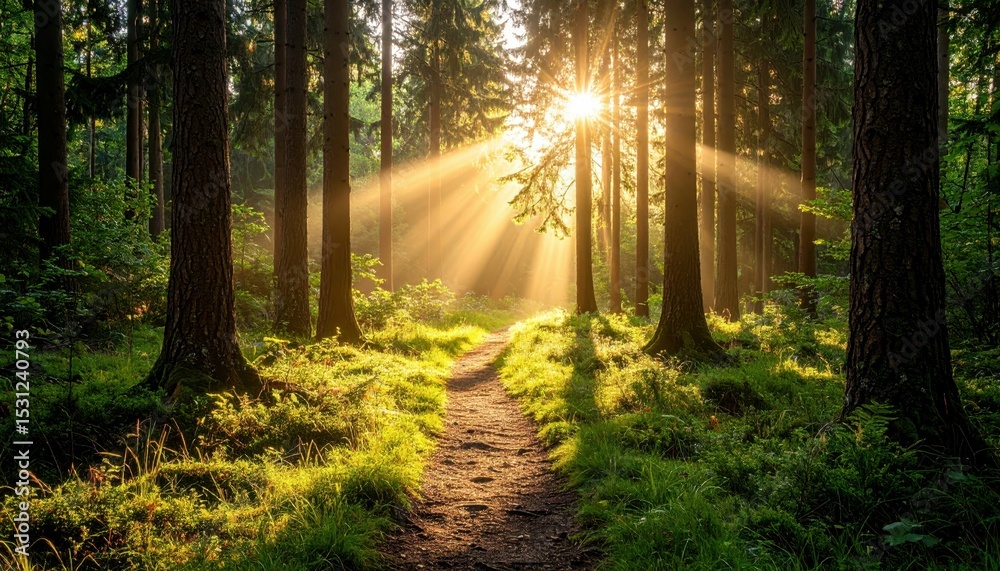 Fototapeta premium Serene Forest Path Leading to Sunlit Clearing Through Tall Trees